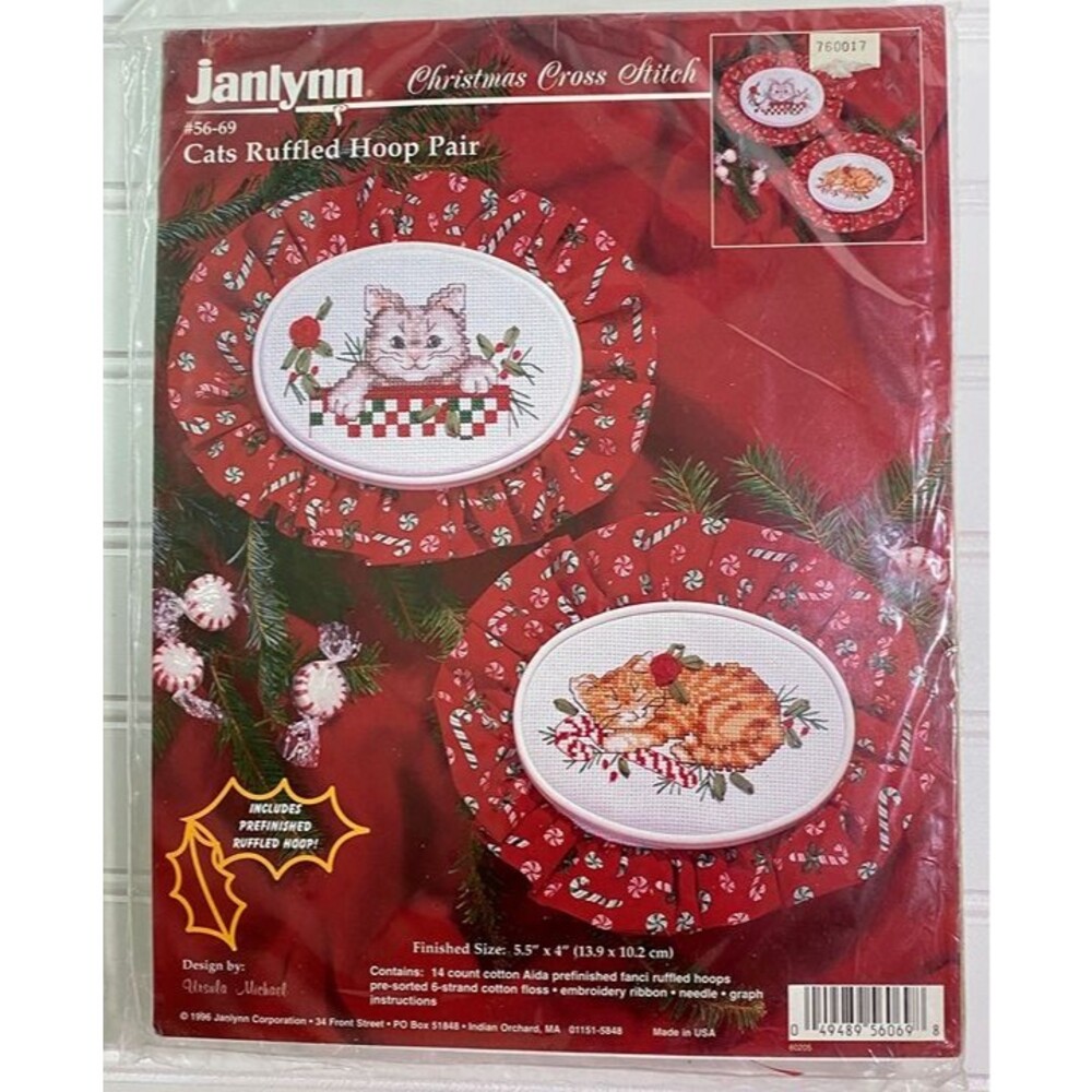 Janlynn Cross Stitch Kit Christmas Cats Ruffled Hoops Pair #56-69 Vintage 1996